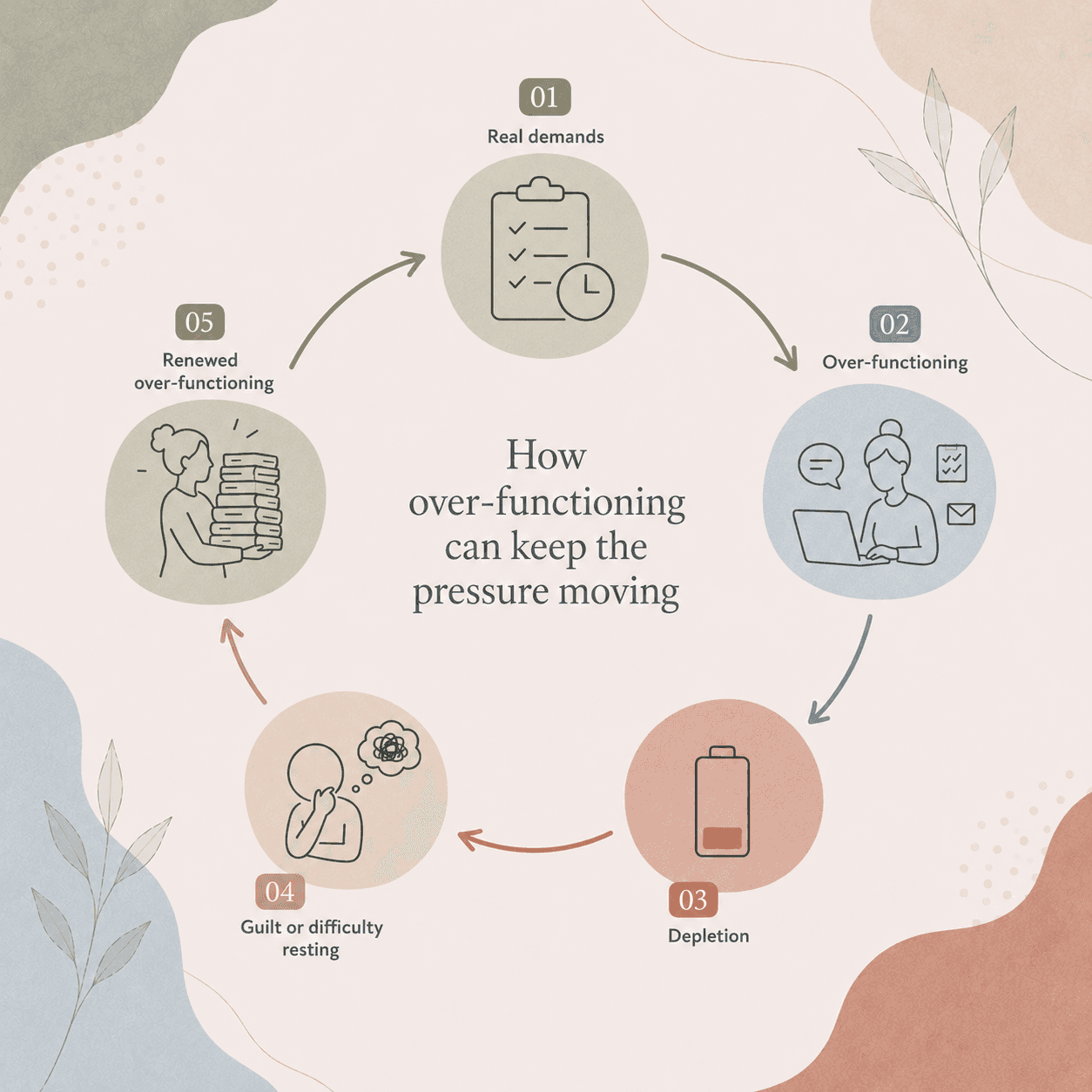 Five-stage stress cycle moving from real demands through over-functioning, depletion, difficulty resting, and renewed over-functioning.